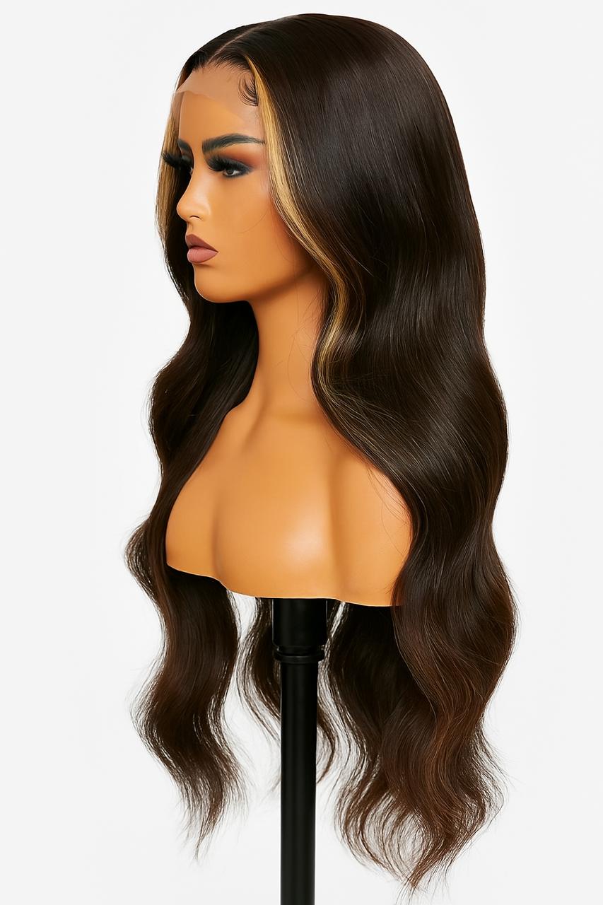 HairVault MiraGlow 24-Inch Body Wave Wig – 13x6 HD Lace, Chocolate Brown with Honey Blonde Face-Framing Highlights