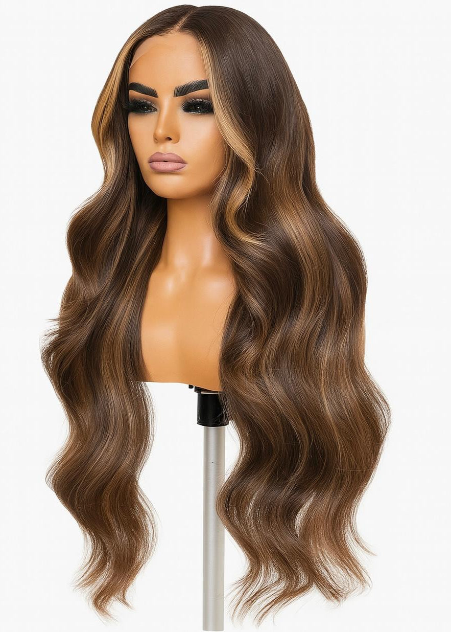 HairVault MiraGlow 24-Inch Body Wave Wig – 13x6 HD Lace, Chocolate Brown with Honey Blonde Face-Framing Highlights